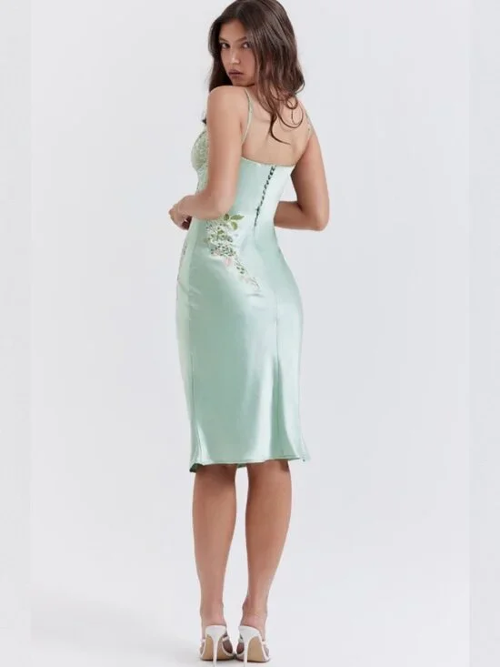 House of CB Fallon Light Jade Embroidered Satin Slip Dress - Picture 3 of 6